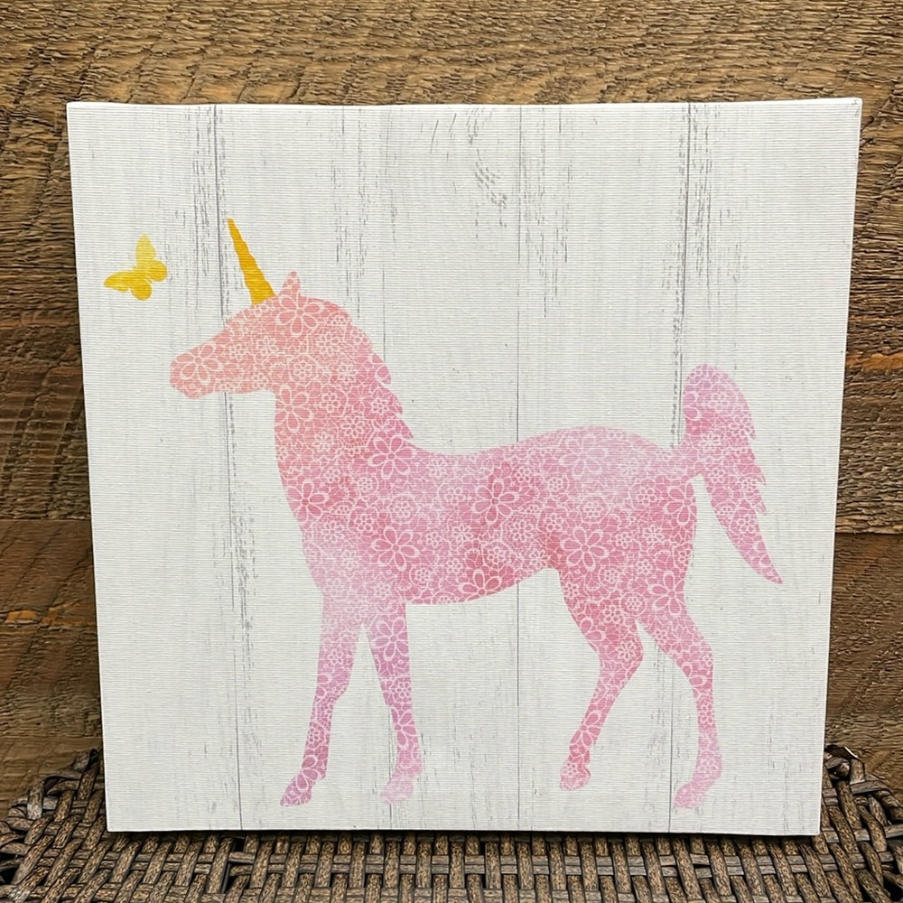 Unicorn Canvas Wall Decor Pink Floral Patterned Unicorn with Butterfly 12” x 12”